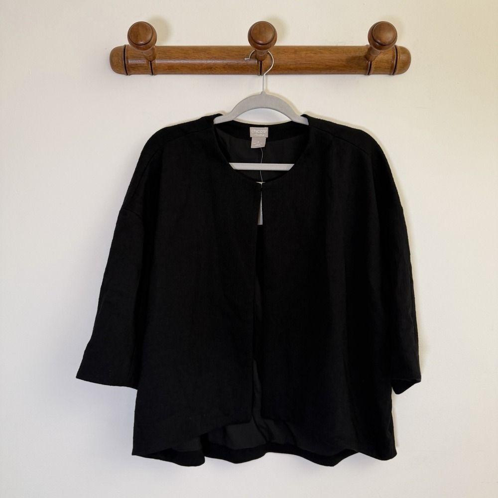 Chico's Travelers Crinkle Jacket Blazer L 12 2 Black Stretch Evening Old Money